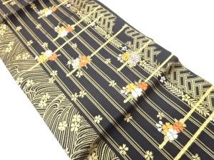 縞・荒波に花々模様織出し名古屋帯